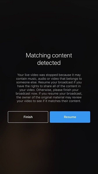 Instagram sekarang akan menghentikan video langsung jika mendeteksi bahwa audio, musik, atau konten video yang dialirkan melanggar hak cipta orang lain.