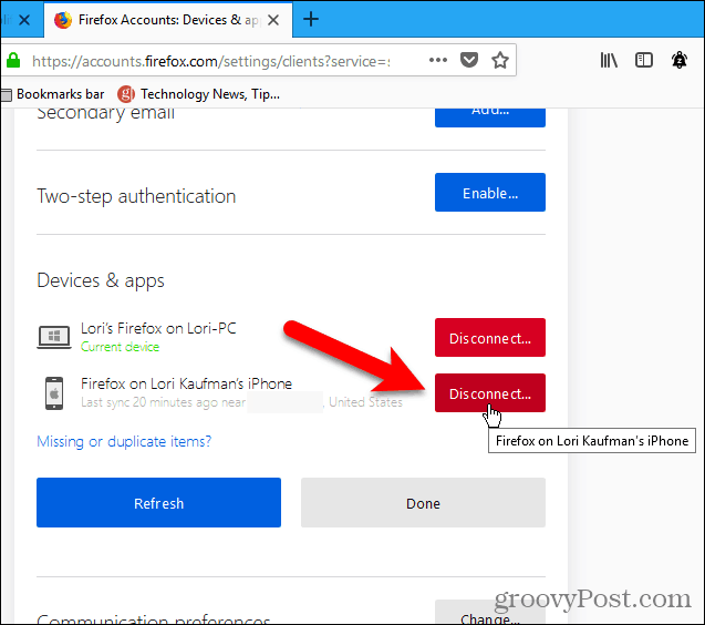 Putuskan sambungan perangkat menggunakan Firefox untuk Windows