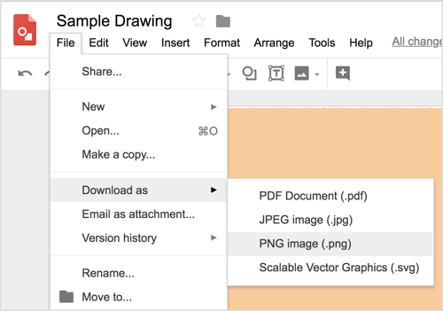 Pilih File> Download As> PNG Image (.png) untuk mendownload desain Google Drawings Anda.