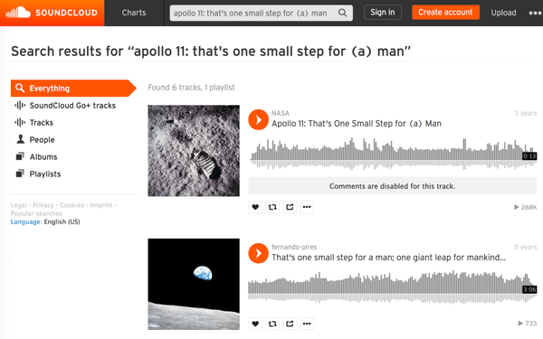 Telusuri file media NASA di SoundCloud untuk menemukan dan mendownload audio momen bersejarah yang ikonik seperti pertama kali berjalan di bulan.