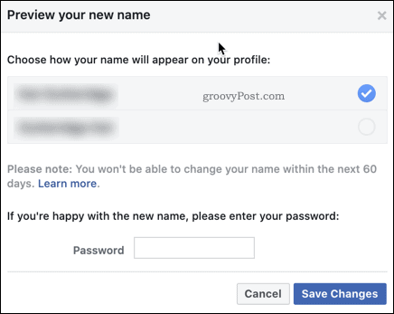 Mengkonfirmasi perubahan nama Facebook