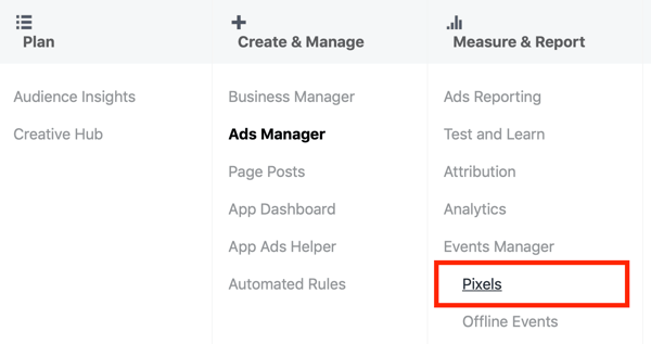 Gunakan Google Tag Manager dengan Facebook, langkah 3, opsi menu Piksel di bawah Manajer Iklan