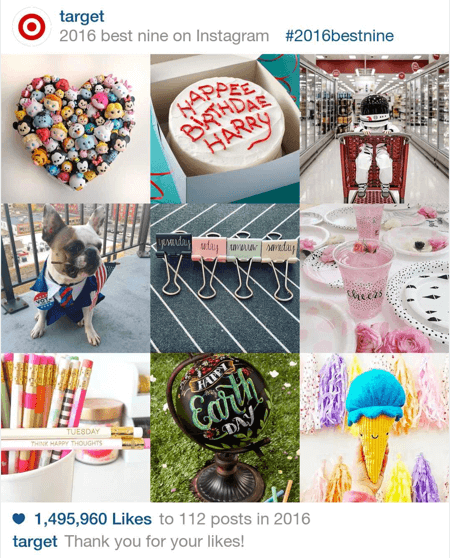 Berikut adalah contoh sembilan posting Instagram teratas Target pada tahun 2016.