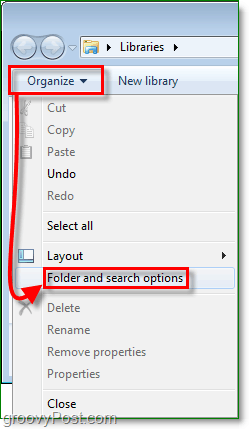 di Windows 7 untuk membuka jendela folder options, klik organisasikan dan kemudian klik folder dan opsi pencarian