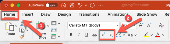 Ikon untuk mengubah teks menjadi subskrip atau superskrip di PowerPoint di Mac