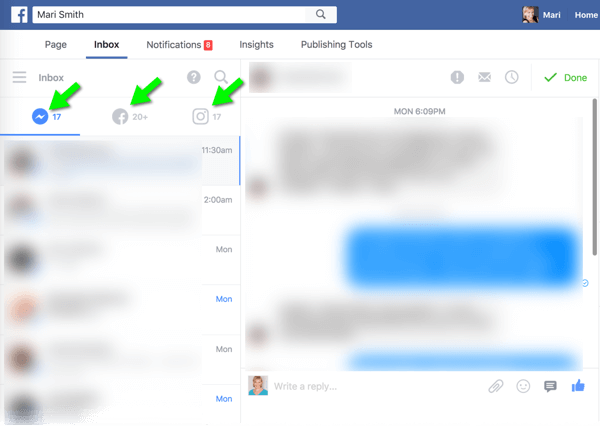Kotak masuk baru Messenger, Facebook, dan Instagram di desktop membuatnya lebih mudah untuk mengelola pesan audiens.
