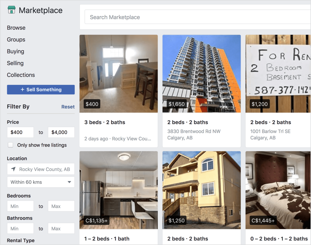 Facebook Marketplace menawarkan properti sewa untuk dijual.