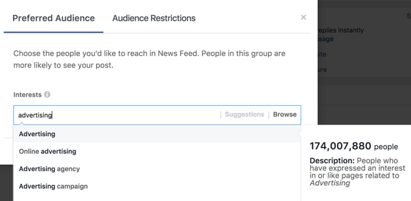 Setelah Anda mengetik minat, Facebook akan menyarankan tag minat tambahan untuk Anda.
