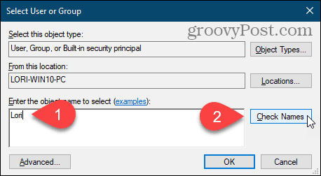 Klik Periksa Nama untuk memasukkan nama pengguna pada kotak dialog Pilih Pengguna atau Grup di Windows Registry