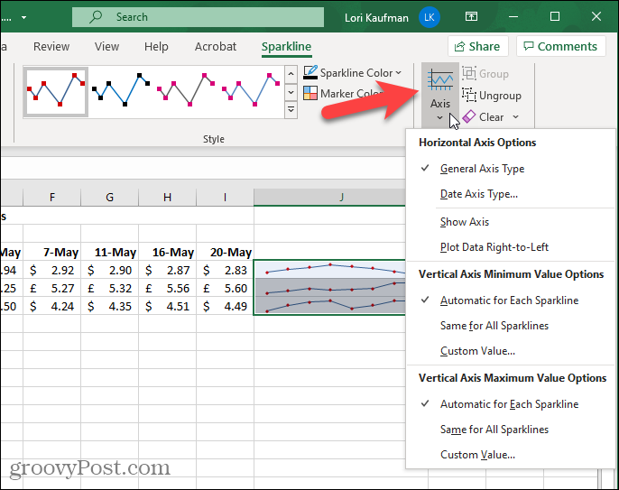 Tombol sumbu pada tab grafik mini di Excel