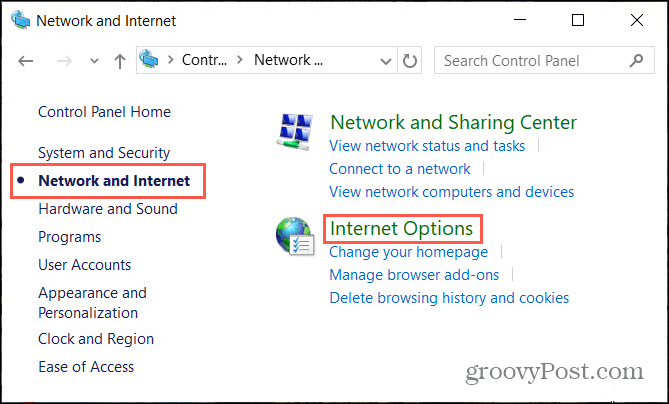 Opsi Internet Jaringan di Panel Kontrol Windows
