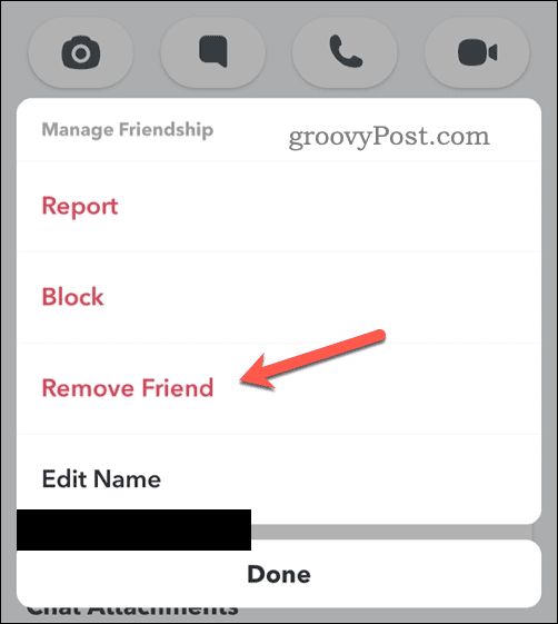Opsi untuk menghapus teman Snapchat