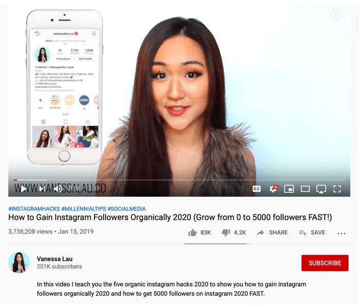 Video YouTube Vanessa Lau tentang peretasan organik Instagram