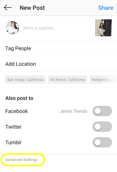 Cara menambahkan teks alt ke posting Instagram, langkah 1, opsi pengaturan lanjutan posting Instagram baru