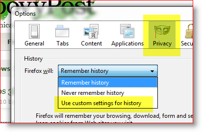 Firefox - gunakan pengaturan khusus untuk histori