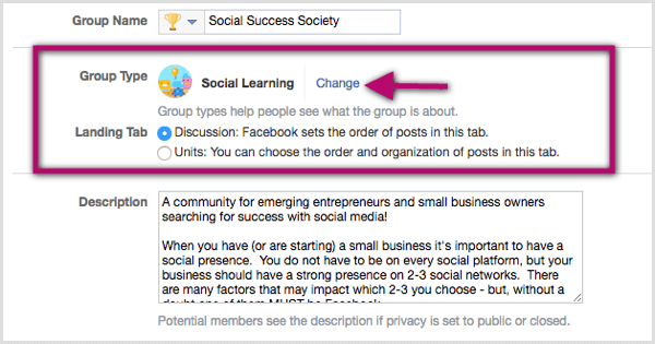 Klik tautan Ubah di samping klasifikasi jenis grup yang ada dan pilih Pembelajaran Sosial.