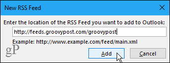 Kotak dialog Umpan RSS baru di Outlook