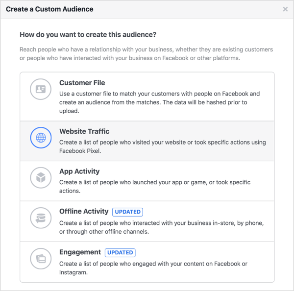 Buat audiens kustom Facebook berdasarkan lalu lintas situs web Anda.