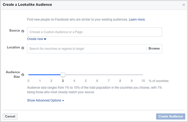 Kotak dialog Buat Audiens yang Mirip Facebook memiliki penggeser Ukuran Audiens.