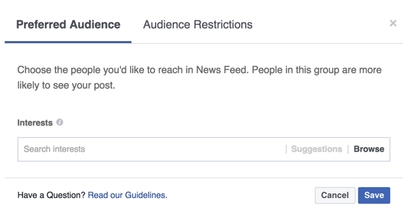 Tambahkan tag minat yang mencerminkan orang yang ingin Anda jangkau dengan kiriman Facebook Anda.