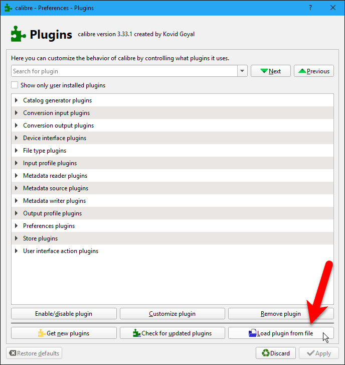 Klik Muat plugin dari file pada kotak dialog Plugins di Calibre