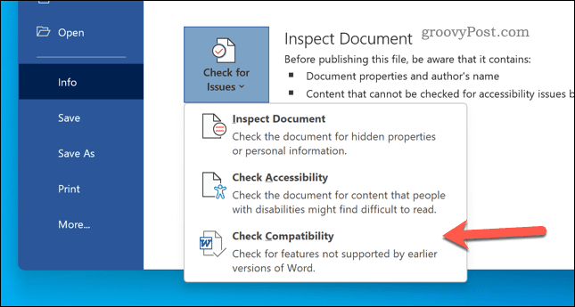 Periksa kompatibilitas dokumen di Word