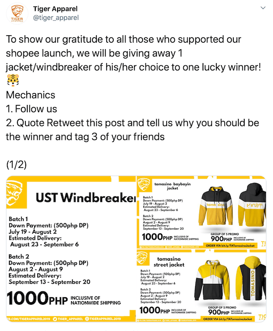 tangkapan layar dari sebuah posting twitter yang menawarkan hadiah jaket / jaket