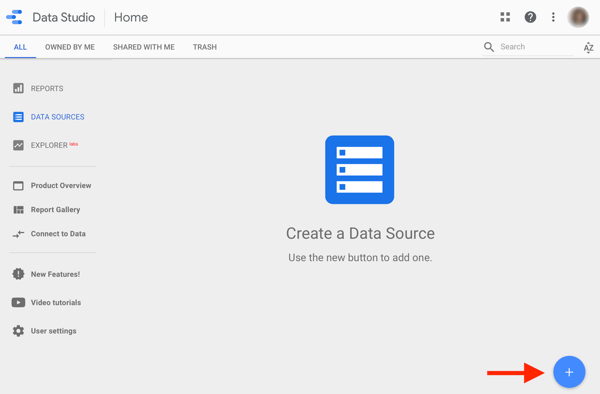 Gunakan Google Data Studio untuk menganalisis iklan Facebook Anda, langkah 1, opsi untuk membuat sumber data di Google Data Studio