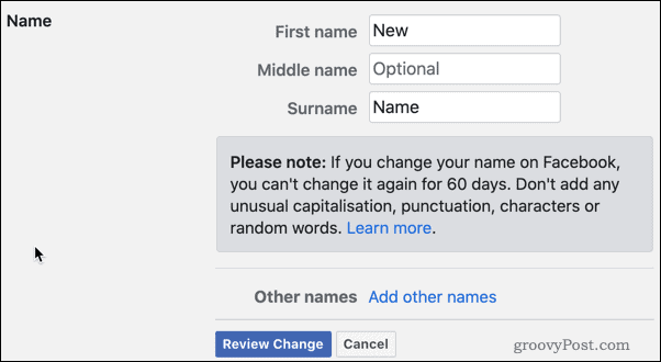 Tinjau perubahan nama Facebook