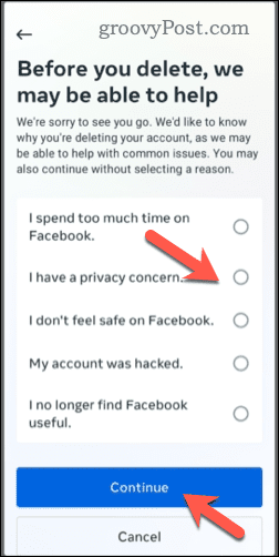 Memilih untuk menghapus akun Facebook di ponsel