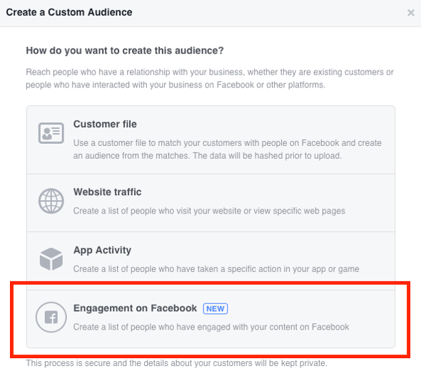 Pilih Keterlibatan di Facebook sebagai jenis audiens khusus yang ingin Anda buat.