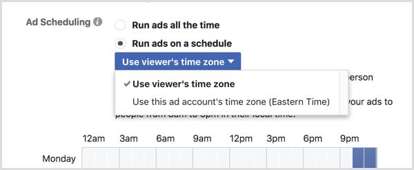 Pilih opsi Gunakan Zona Waktu Penampil untuk kampanye Facebook Anda.