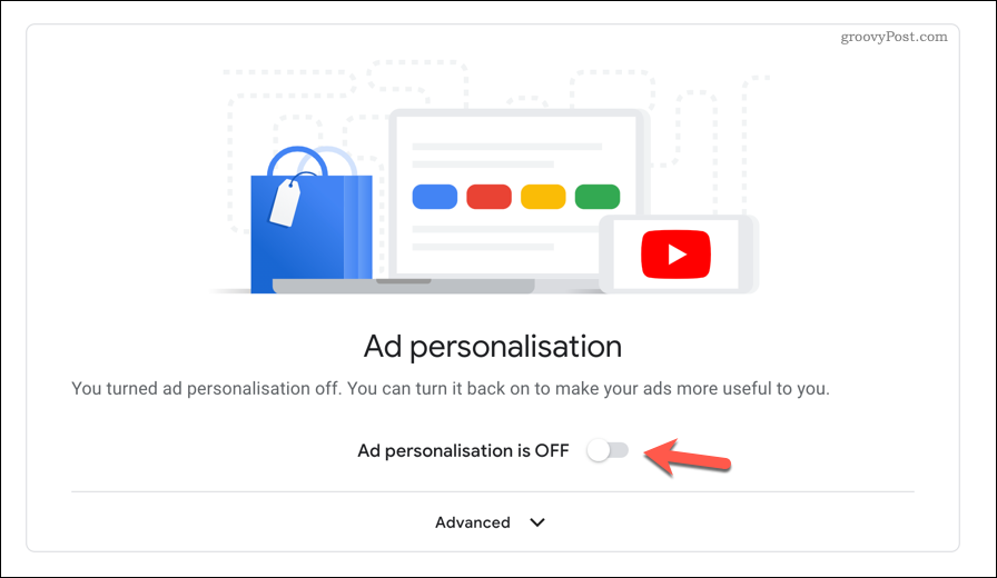 Menonaktifkan iklan hasil personalisasi di Youtube.
