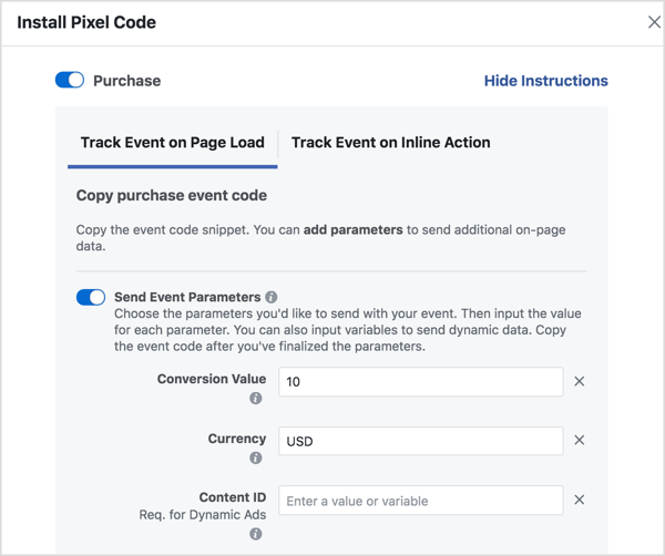 Tetapkan parameter untuk menghasilkan kode peristiwa Facebook yang Anda butuhkan.