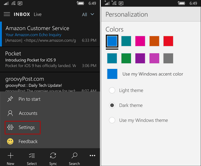Aplikasi Outlook Mail dan Kalender di Windows 10 Mobile Gains Dark Theme
