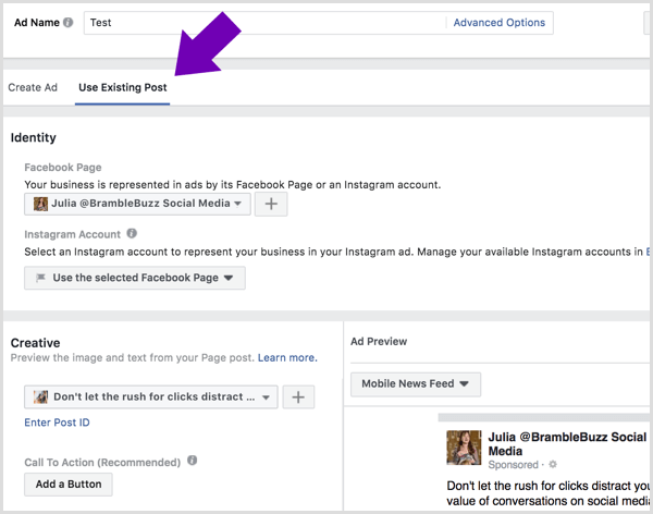 Klik tab Use Existing Post dan pilih halaman dan posting yang ingin Anda jalankan sebagai iklan Facebook.