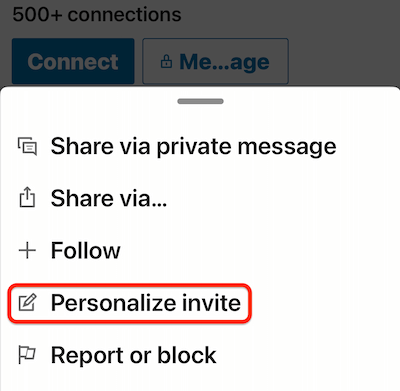 linkedin profil seluler lebih... menu dengan opsi 'personalisasi undangan' disorot
