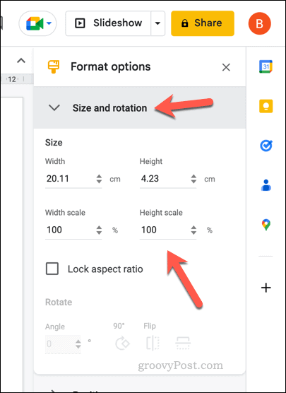 Opsi ukuran untuk tabel Google Slide