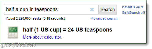 Kalkulator Google mengkonversi sendok teh