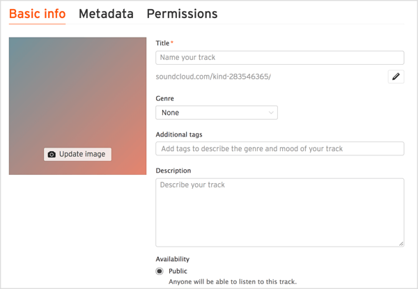Tambahkan judul dan deskripsi untuk trek Anda, pilih genre, dan sertakan tag yang relevan di SoundCloud.