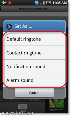 atur suara sebagai nada dering, notifikasi, alarm, atau kontak