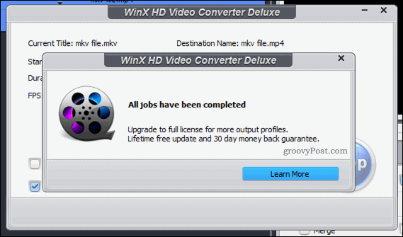 Konfirmasi konversi video WinX yang berhasil