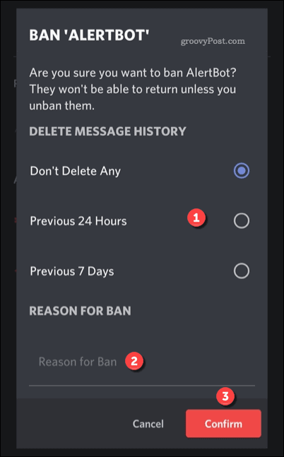 Opsi untuk melarang pengguna di Discord