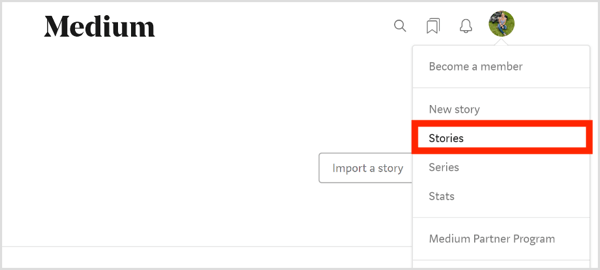 Klik gambar atau ikon profil Medium Anda dan pilih Stories.