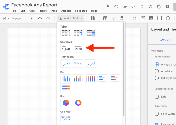 Gunakan Google Data Studio untuk menganalisis iklan Facebook Anda, langkah 8, opsi untuk memilih bagan kartu skor di Google Data Studio