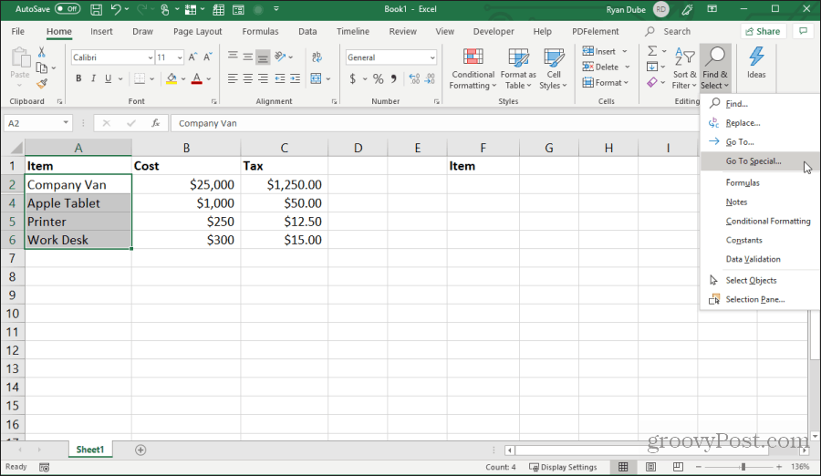 memilih pergi ke spesial di excel