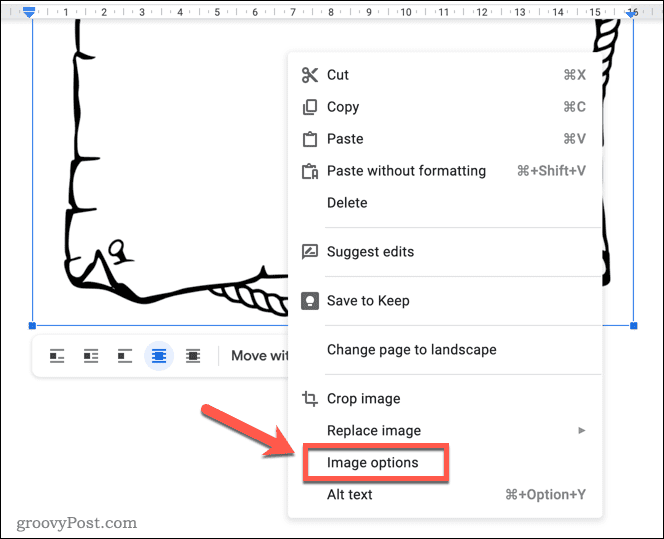 Membuka menu opsi gambar di Google Documents