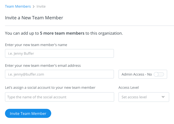 Layar detail untuk mengundang dan mengatur tingkat akses untuk Anggota tim Buffer Anda.