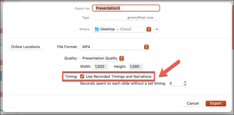 Menggunakan pengaturan waktu yang direkam untuk video yang diekspor di PowerPoint di Mac