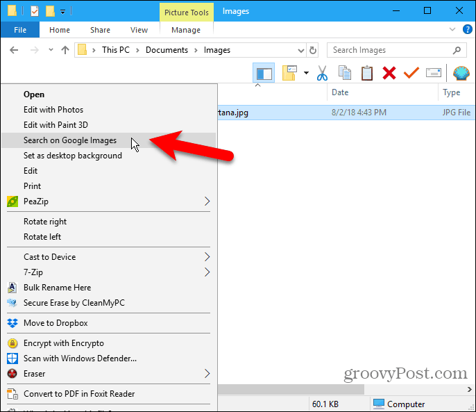 Pilih Cari pada item menu konteks Gambar Google di File Explorer